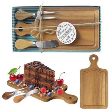 Imagem de AZEAM 1 conjunto de prêmios de chá de panela de bebê para vencedores de jogos, conjunto de mini tábua de queijos de acácia com facas, garfos e caixa de presente, pequena tábua de charcutaria a granel