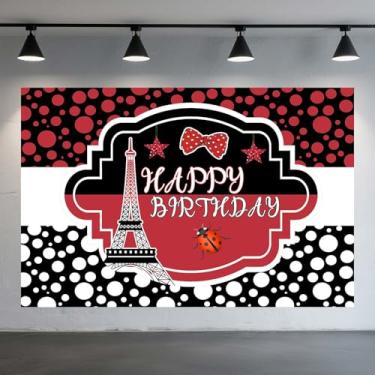 Imagem de Pano de fundo de feliz aniversário joaninha, linda joaninha vermelha preta com bolinhas, fundo fotográfico de arco da torre Eiffel para decoração de festa de chá de bebê, aniversário de meninas, 18 x