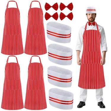 Imagem de Kit de fantasia de garçom adulto dos anos 1950, fantasia de soda idiota avental listrado vermelho e branco babador, chapéu de chef, gravatas borboleta para filmes dos anos 1950, festa de circo
