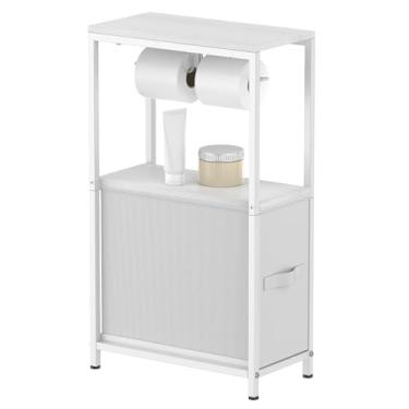 Imagem de Armário de armazenamento de papel higiênico fino branco, suporte de papel higiênico com armário de banheiro para pequenos espaços, suporte independente de lenços com gaveta, comporta até 11 rolos de