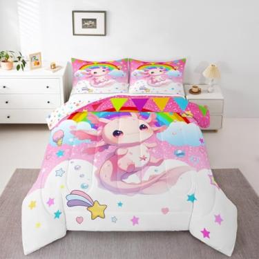 Imagem de Lindo conjunto de cama Axolotl para crianças, crianças, desenho animado, salamandra, fofo, arco-íris, respirável, macio, leve, microfibra, kawaii, oceano, vida marinha, decoração de quarto