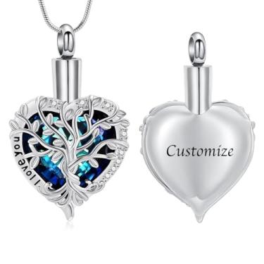 Imagem de AIWENXI Colar de urna árvore da vida para cinzas para homens e mulheres em forma de coração pedra do mês de nascimento joia de cremação memorial animal de estimação pingente de lembrança de aço