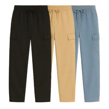 Imagem de Kit 3 Calça Cargo Larga Skate Unissex Bolso Lateral Fechamento Cordão 