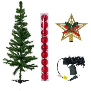 Imagem de Kit Árvore de Natal Decorada Pequena 120 cm C/Bolas Vermelhas, Estrela Decorativa, Pisca-pisca 100 LEDs, P/Salas Pequenas Escritório Hall (Kit de Decoração de Natal)