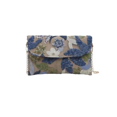 Imagem de QWINEE Bolsa feminina com bordado floral de lantejoulas e contas elegantes mini bolsas transversais bolsa de festa de casamento, Azul, one_size