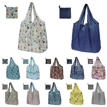 Imagem de 12 sacolas de compras reutilizáveis, sacolas de mantimentos de grande capacidade, sacolas de compras de supermercado leves e dobráveis, bolsa de armazenamento de poliéster lavável na máquina