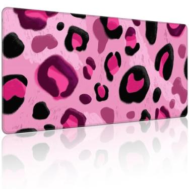 Imagem de 90 x 40 cm, mouse pad grande KOBWOPI XXL para mesa, mouse pad estendido para computador, escritório, mouse pad grande com bordas costuradas, PC para jogos - impressão de leopardo rosa e preto