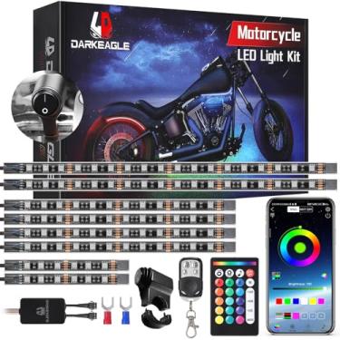 Imagem de LD DARKEAGLE Kit de luz LED para motocicleta de 8 peças com interruptor de guidão, sinal de seta de freio, luzes de brilho com controle remoto APP/RF, tiras de néon de zona dupla RGB multicoloridas à