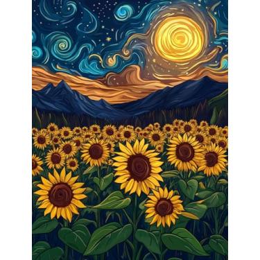 Imagem de VAIIEYO Kits de arte de diamante de girassol 5D DIY para adultos, pintura de diamante, paisagem luar, kit de pintura de diamante, tela de artesanato de strass redonda para decoração de parede de casa