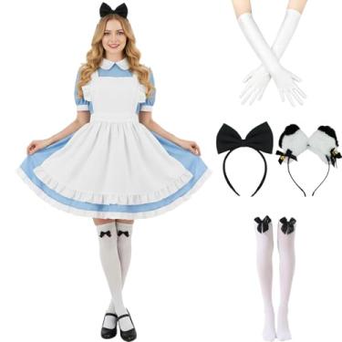 Imagem de Tvnxdgl Conjunto de meias femininas Alice fantasia do país das maravilhas anime Lolita vestido Halloween cosplay empregada avental luvas faixa de cabeça conjunto de meias, Azul, GG