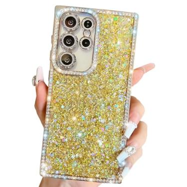 Imagem de BANAILOA Glitter Sparkle compatível com Samsung Galaxy S25 Ultra capa retangular com strass de luxo capa protetora para câmera para S25 Ultra - 6,8 polegadas (Flash dourado)