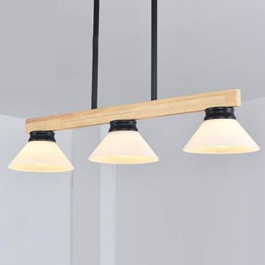 Imagem de Lustre moderno de vidro leitoso, lustre linear em forma de V, luminária de teto suspensa de madeira E27, lâmpada preta e branca, luminária pendente longa rústica de fazenda para cozinha, mes