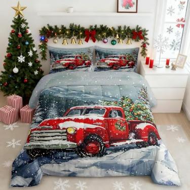 Imagem de Conjunto de edredom de caminhão de Natal vermelho, tamanho Queen, com vista de neve para o inverno, 3 peças, para decoração de quarto de crianças, meninos e meninas, adultos, conjunto de colcha com