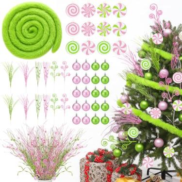 Imagem de Gemscream Conjunto de 45 peças de decoração de árvore de Natal rosa verde e rosa com glitter artificial encaracolado, enfeites de bola de Natal, guirlanda de doces para pendurar em madeira, para