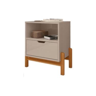Imagem de Mesa De Cabeceira Criado Para Quarto Com Pés Em Madeira E Gaveta SoftClosed Alto Padrão 58 X 52 X 36cm(Off White)