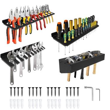 Imagem de 4 peças organizador de parede de garagem de aço carbono organizador de ferramentas de parede eficiente suporte de ferramentas de garagem rack de martelo resistente para bancada de oficina (preto)