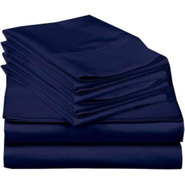 Imagem de Mattress-Homes Jogo de cama queen size de 6 peças com 4 fronhas, lençóis 100% algodão ultramacios, tecido acetinado refrescante, conjunto de lençóis de cama luxuosos, azul marinho liso