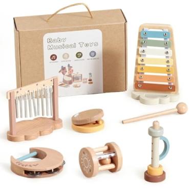 Imagem de Conjunto de Brinquedos Musicais de Madeira para Bebês, 7 Peças, Instrumentos Educativos com Xilofone Colorido, Chocalho, Sino e Carrilhão, para Desenvolvimento Infantil, 602.2g