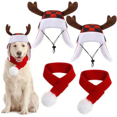 Imagem de SilTriangle Conjunto de 2 chapéus de Natal para cães com protetores de ouvido e cachecol de malha vermelha quente ajustável para cães de inverno (estilo rena, M)
