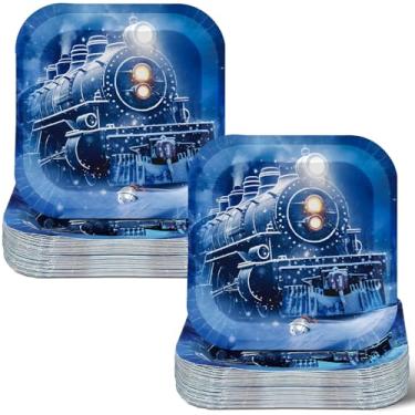 Imagem de Blushtier Pacote com 50 pratos de trem quadrados de Natal, pratos de jantar descartáveis a granel, utensílios de jantar de festa, decoração de festa polar, suprimentos