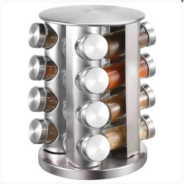 Imagem de Porta Temperos Giratório 16 Potes de Vidro e Aço Inox – Organização e Praticidade para Cozinha (Inox)