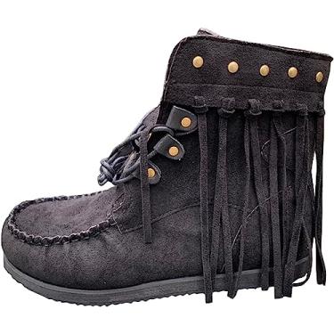 Imagem de Botas femininas de camurça retrô – Botas de camurça com franja no tornozelo, bico redondo, estilo romano, retrô, com franja, sapatos baixos, Preto, 9.5