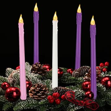 Imagem de 5 peças de velas do advento sem chama de Natal bastões de vela cônica de LED castiçais operados por bateria velas cintilantes com glitter, velas roxas e rosa para decoração de guirlanda de lareira de Natal (estilo de gota)