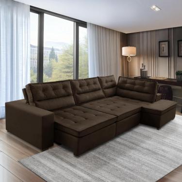 Imagem de Sofá de Canto Retrátil e Reclinável com Molas 3,40x2,00 Virginia Suede Marrom Adonai Estofados
