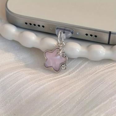 Imagem de 1 peça criativa diamante estrelas tipo-C plugue de poeira pingente decoração acessórios de telefone para iPhone 16 15 Samsung USB C, rosa (MicroUSB)
