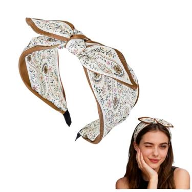 Imagem de Bandana feminina de seda larga com nó na parte superior, faixa de cabelo branca antiderrapante com nó de orelha de coelho, estampa floral, acessórios de cabelo étnico francês
