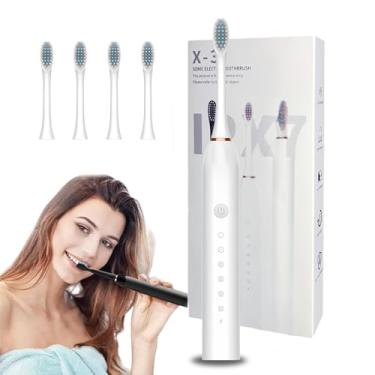 Imagem de Escova de Dente Elétrica Sônica Recarregável USB com 4 Refis – 6 Modos de Limpeza, IPX7 à Prova D’Água, Cerdas Macias, branco