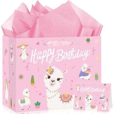Imagem de Bolsa de presente de festa de aniversário de lhama com cartão de felicitações rosa lhama bolsa de presente para meninas crianças mulheres maionese aniversário chá de bebê festa mexicana decoração