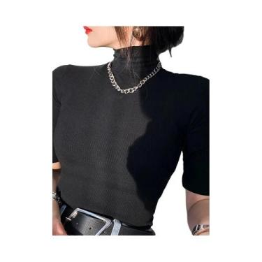 Imagem de Camiseta Branca Feminina Casual - Algodão, Gola Alta e Manga Curta, BR