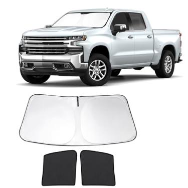 Imagem de Fannyc 3 peças de persianas de janela de carro pára-brisa frontal sombra de janela dobrável ajuste personalizado para Che-vrolet Silverado 2014-2019 acessórios persianas de carro para janelas