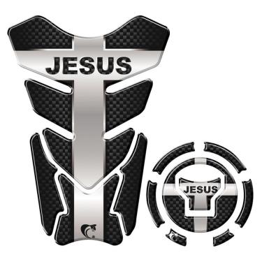 Imagem de Kit Adesivo Resinado Protetor Tanque E Bocal Moto Honda Acima 2018 Jesus Preto Prata