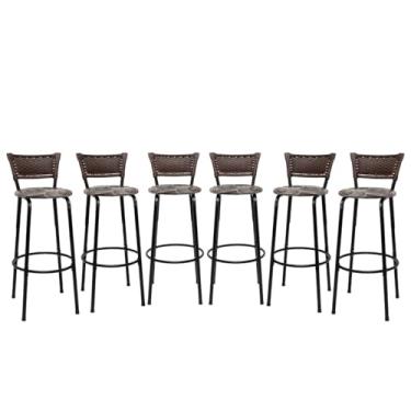 Imagem de Banquetas Altas Bancada Bar Confortável Moderno Design Resistente Estrutura Preta Kit 06 Unidades - Itagold (Floral Marrom)