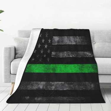 Imagem de KOSUES Manta de flanela macia vintage fina linha verde bandeira americana cobertor de cama quente para escritório cama sala de estar quarto sofá cadeira sofá berço viagem acampamento 152 x 127 cm