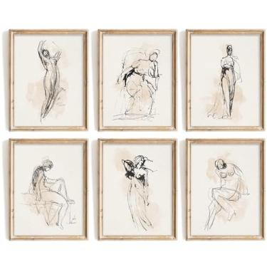 Imagem de Vodefoad Desenho de figura, impressão de arte de galeria neutra, conjunto de 6 peças, linhas femininas suaves, impressões de parede abstratas, linha neutra boho, arte minimalista, decoração de quarto