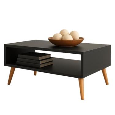 Imagem de Mesa de Centro Retrô com Nicho – Pés Palito em Madeira Maciça | 65cm(Preto)
