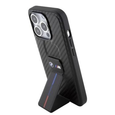Imagem de BMW Capa Capinha Oficial com Suporte p/iPhone 15 Pro ao 16 Pro Max Licenciada BMW, Couro PU com Fibra de Carbono, Listras Esportivas, Antichoque, Design Premium, 1 Ano Garantia (IPHONE 16 PRO)