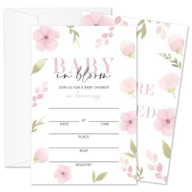 Imagem de ZARYFANCHY Convites de chá de bebê floral Baby in Bloom, 25 conjuntos de convites de festa com envelopes, convite de festa de revelação de gênero para bebês meninas meninos, suprimentos de festa para