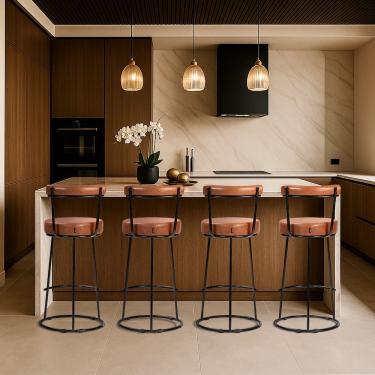 Imagem de Banqueta Alta Cozinha 70cm Encosto Industrial Aço Kit 4 Ziria Pu S02 - D'rossi Caramelo