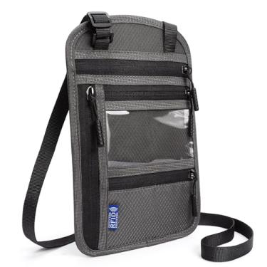 Imagem de LEEXTON Carteira de pescoço, carteira de viagem para passaporte bolsa de pescoço com bloqueio de RFID para homens e mulheres com alça ajustável no pescoço, Cinza escuro