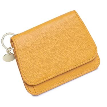 Imagem de FREYAMIRA Carteira fina feminina de couro legítimo com bloqueio de RFID, porta-chaves com zíper, bolso para moedas, janela para identidade, Amarelo, Moderno
