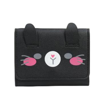 Imagem de Carteira feminina, carteira fina com três dobras para mulheres com orelhas fofas de coelho, carteiras pequenas femininas com porta-cartões de identificação, Preto, Bonito