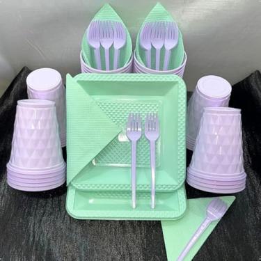 Imagem de Kit Festa Descartável 180 Itens Premium com Pratos Copos Talheres Cores Pastel para Aniversário (Lilás Verde Candy)