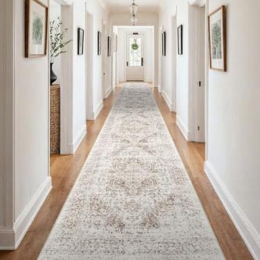 Imagem de Tapete de corredor lavável de 7,5 x 63,8 cm - Tapete vintage para corredores de cozinha de pelo baixo macio e fino com suporte de borracha para entrada, sala de estar, decoração de casa (creme/camelho