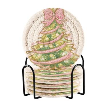 Imagem de Blueangle Porta-copos de 6 peças de árvore de Natal com laço rosa - tecido redondo super absorvente para proteção de mesa e decoração de casa (184)