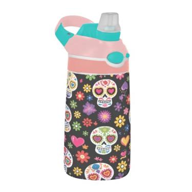 Imagem de ATTX Garrafa de água Sugar Skull Flower 473 ml - Garrafa de água reutilizável Tritan Sports & Travel com canudo e tampa de bico pop-up #583