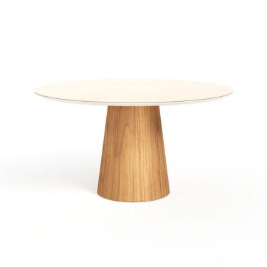 Imagem de Mesa De Jantar Redonda 150cm Scandi 8 Lugares Lamina Natural De Madeira Off White Vidro
